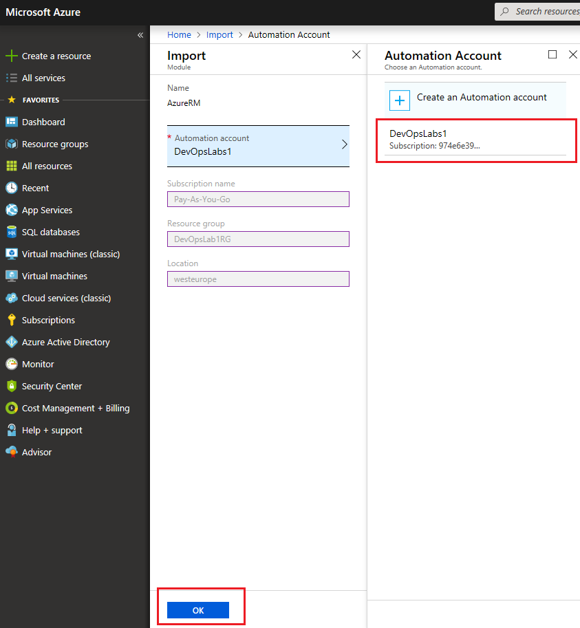 Screenshot of the Import Module area of the Automation Account pane inside Azure portal. The DevOpsLabs1 Automation Account is highlighted, to illustrate how to select your Automation Account. The AzureRM module is shown as ready for importing into the DevOpsLabs1 Automation Account.